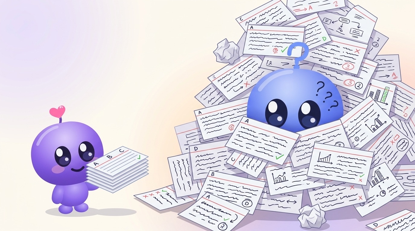 Luke buried up to his eyes in a mountain of handwritten index cards while Milli offers him a single neat stack.