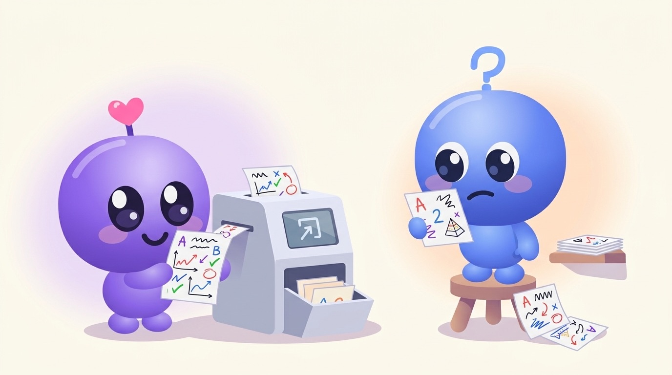 Milli feeds a page of notes into a little machine that prints out neat flashcards, while Luke inspects one with a frown.