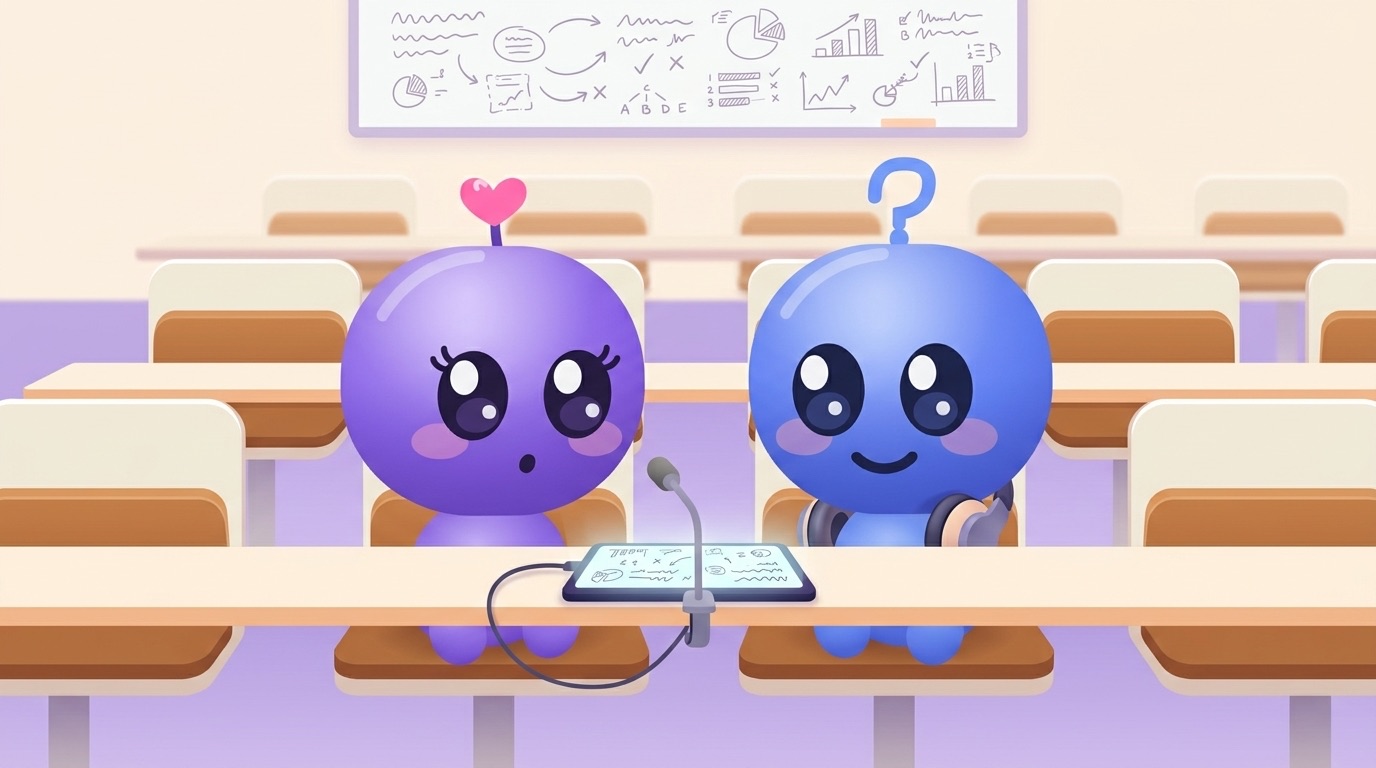 Milli and Luke sit side by side in a row of lecture hall desks, a small microphone on the desk wired to a glowing tablet covered in scribbled notes, with Luke wearing headphones around his neck.