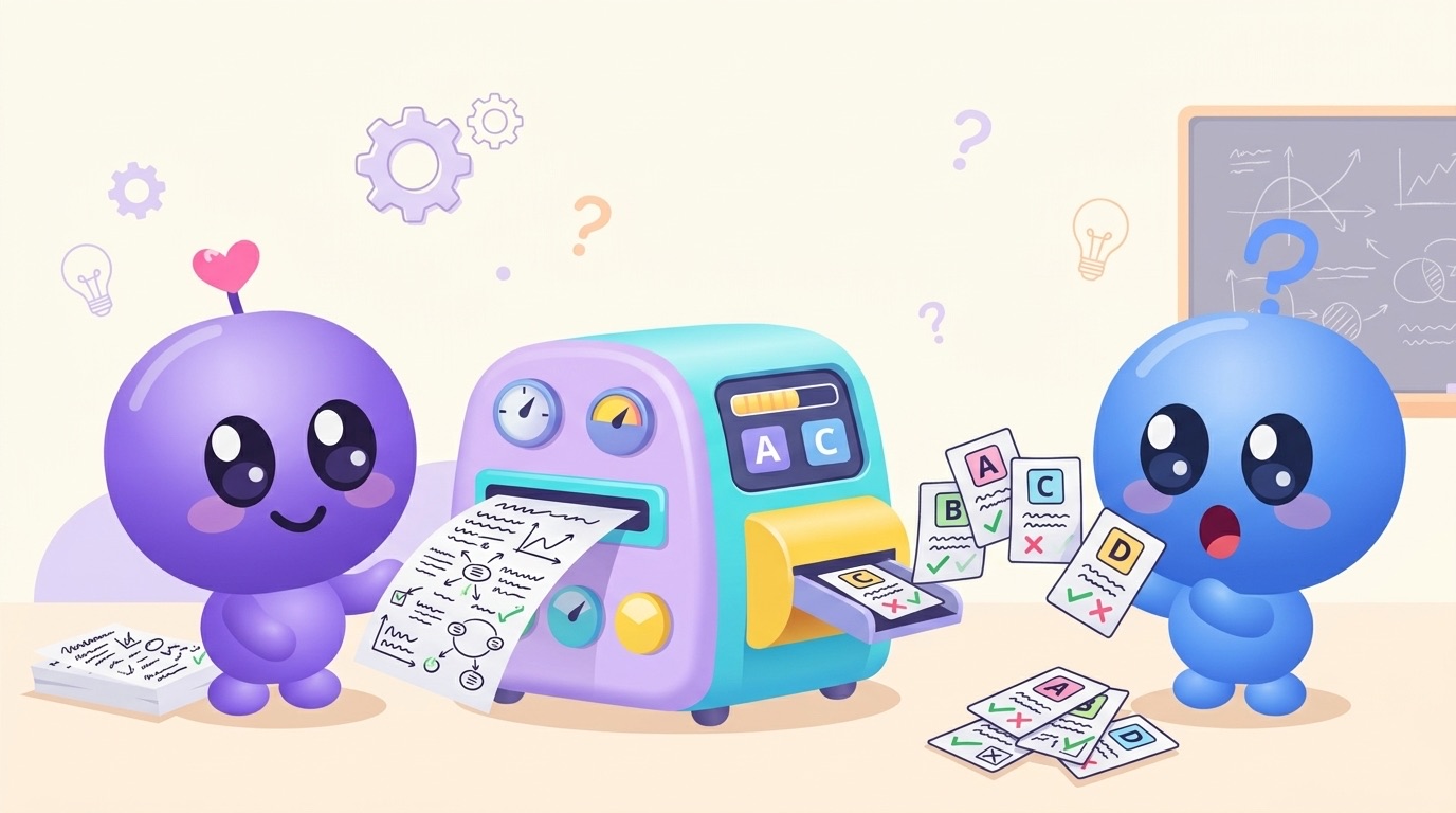 Milli feeds a page of handwritten notes into a purple and teal machine with dials, which prints quiz cards marked A, B, C and D with ticks and crosses, while Luke catches the cards with his mouth open in surprise.