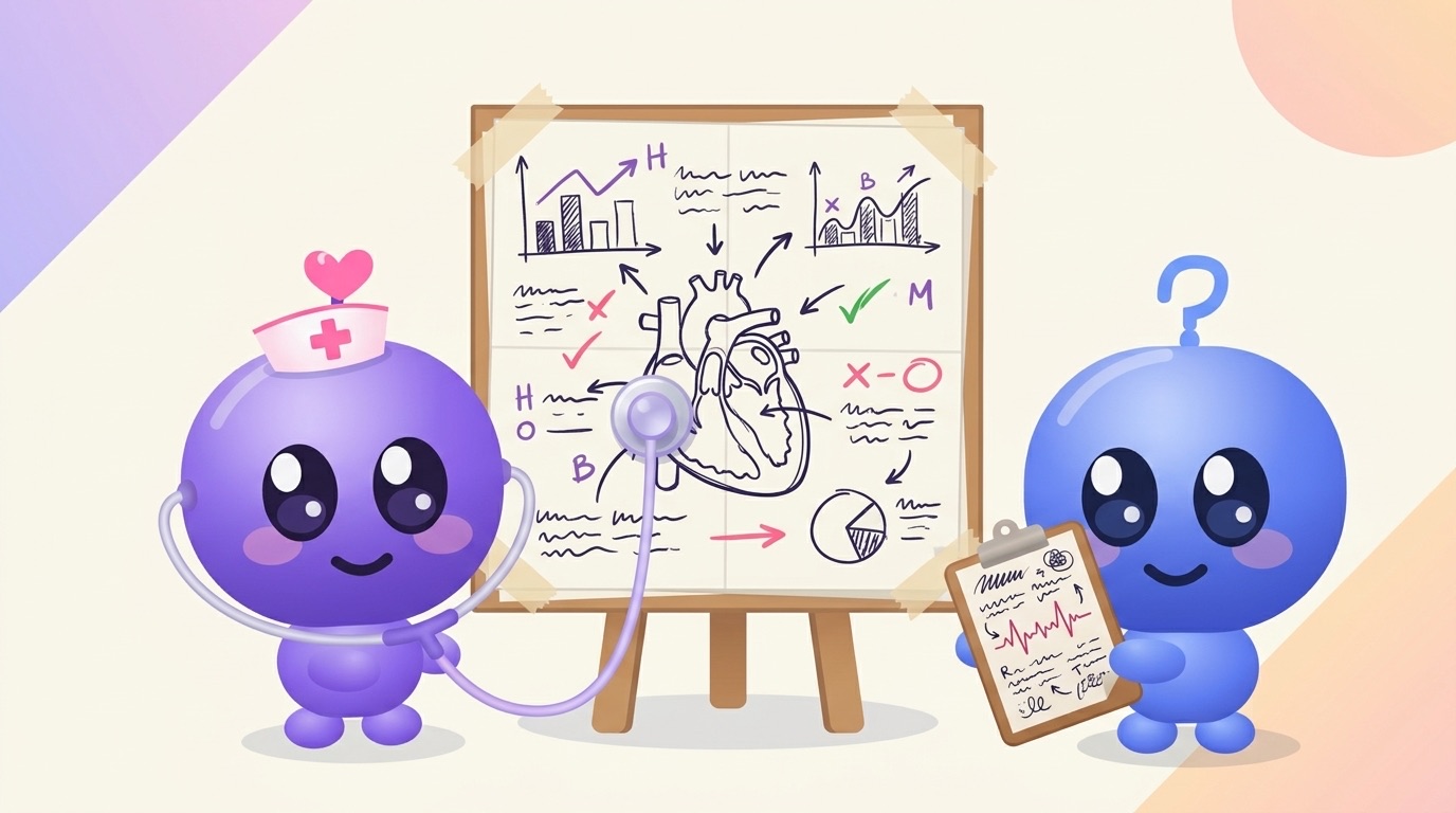Milli in a tiny nurse's cap holds a stethoscope up to a giant flashcard, while Luke reads a clipboard covered in scribbled notes and a heartbeat line.