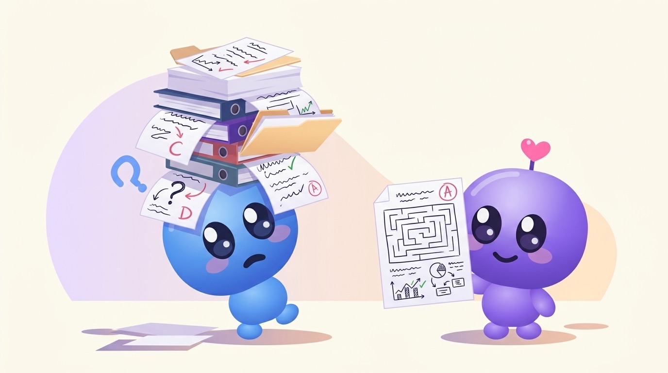 Luke staggers under a towering pile of lecture notes while Milli calmly holds up a single page covered in neat scribbles and arrows.