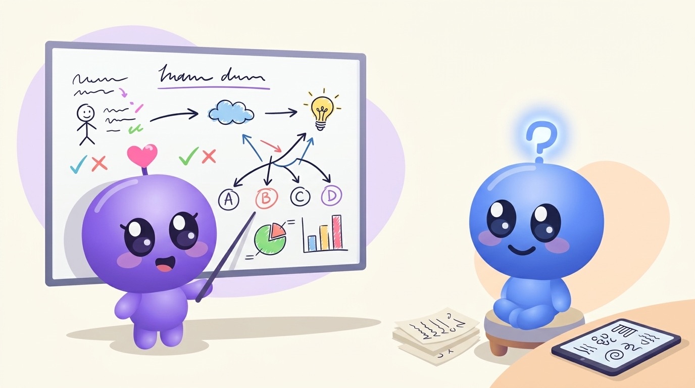 Milli explains something at a whiteboard full of simple doodles and arrows while Luke sits cross-legged listening, his question-mark antenna lit up.