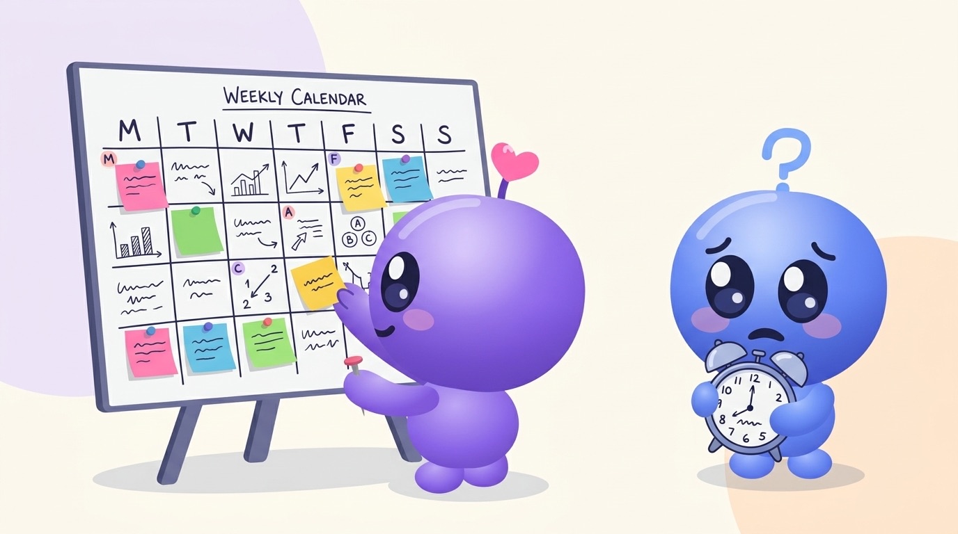 Milli pins colourful sticky notes onto a big hand-drawn weekly calendar while Luke holds an alarm clock and looks worried.