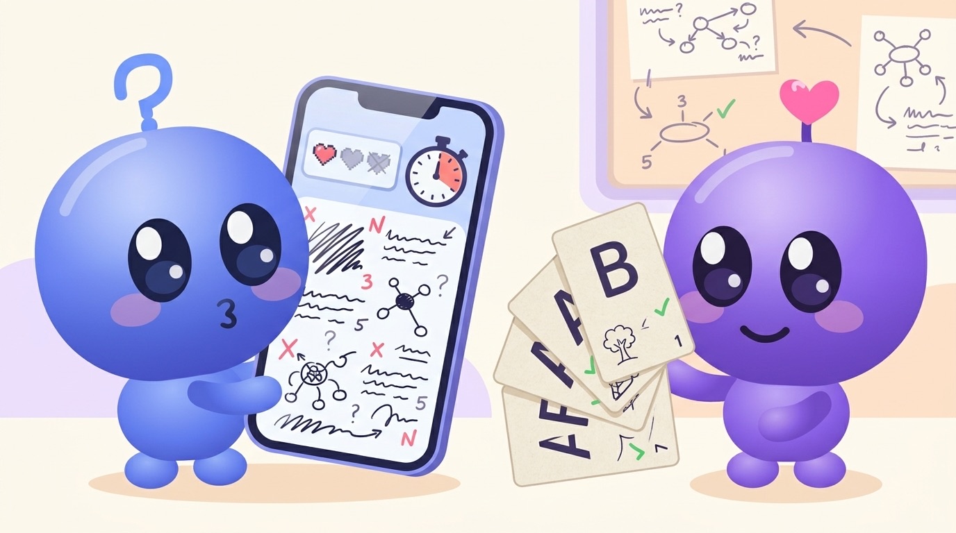 Luke holds a phone showing heart lives running out and a ticking stopwatch, while Milli calmly offers him a fanned stack of plain flashcards.