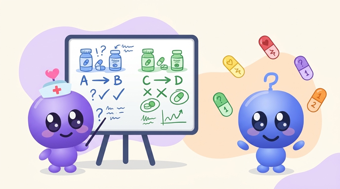 Milli, wearing a little nurse's cap, points at a whiteboard of blue and green pill bottles with arrows, ticks and crosses, while Luke juggles colourful pill-shaped flashcards.