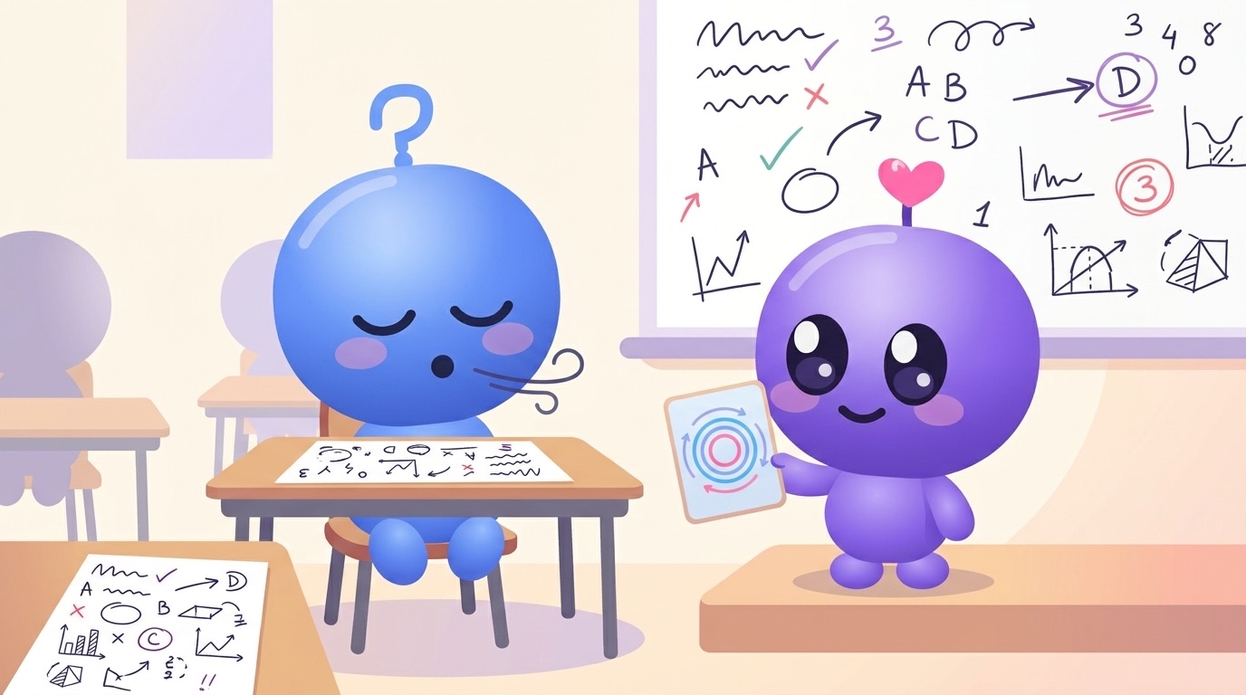 In a quiet exam hall, Luke sits at a desk with his eyes closed, breathing out slowly, while Milli stands beside him holding up a small card with a calm circle pattern on it.