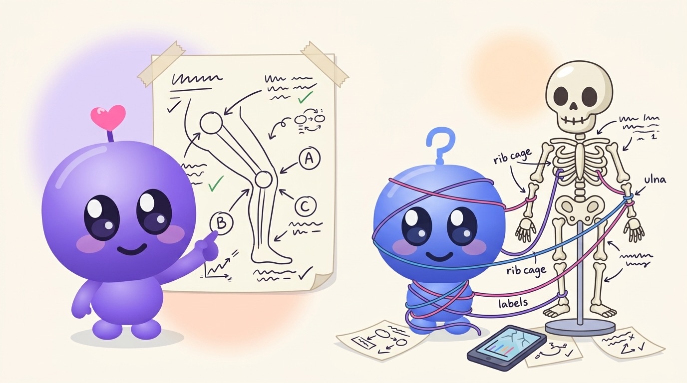 Milli points at a hand-drawn leg diagram with labels A, B and C pinned to the wall, while Luke is tangled in coloured strings tied to a skeleton model on a stand.