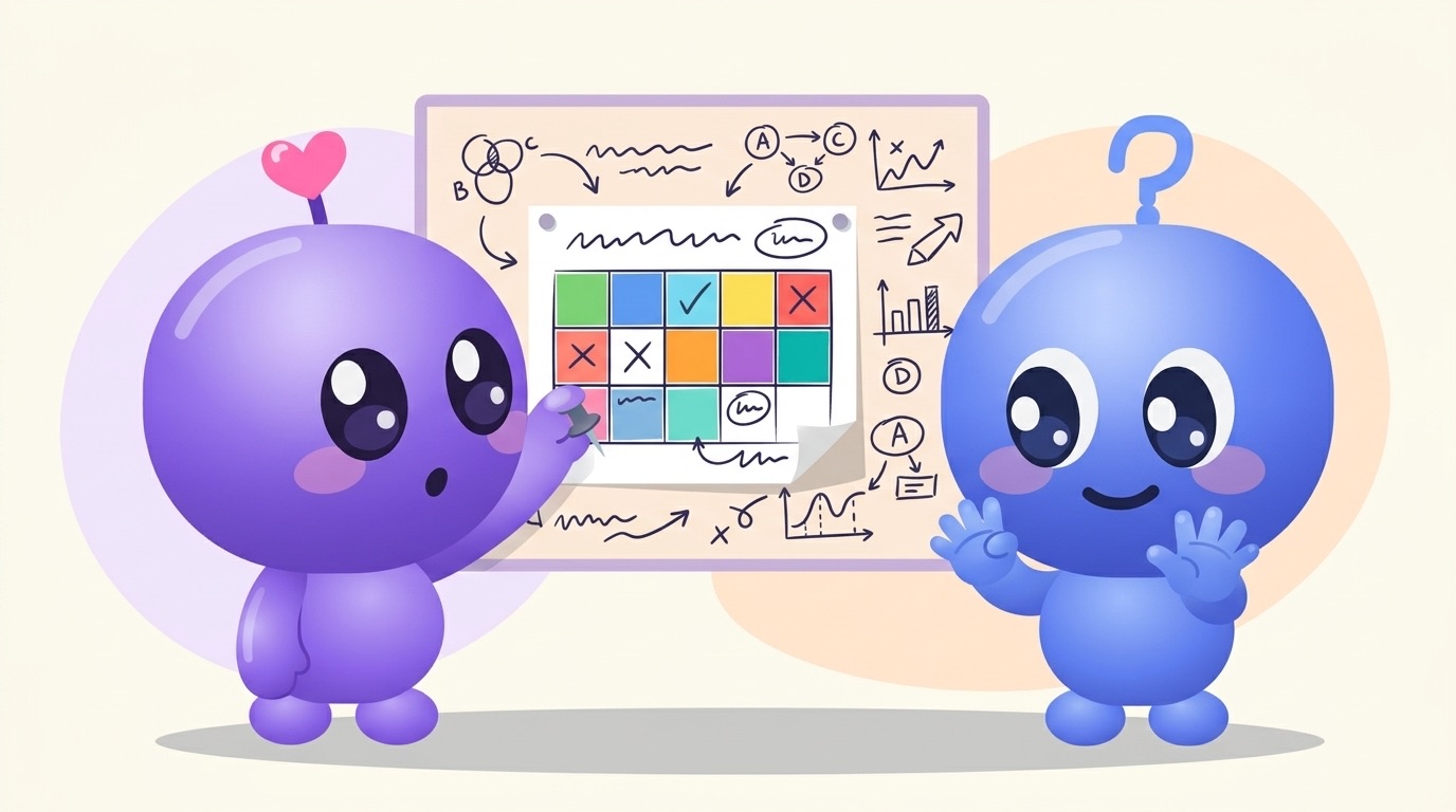 Milli pins a colourful calendar grid with ticks and crosses onto a whiteboard covered in doodled diagrams, while Luke stands beside her with his hands up, looking relieved.