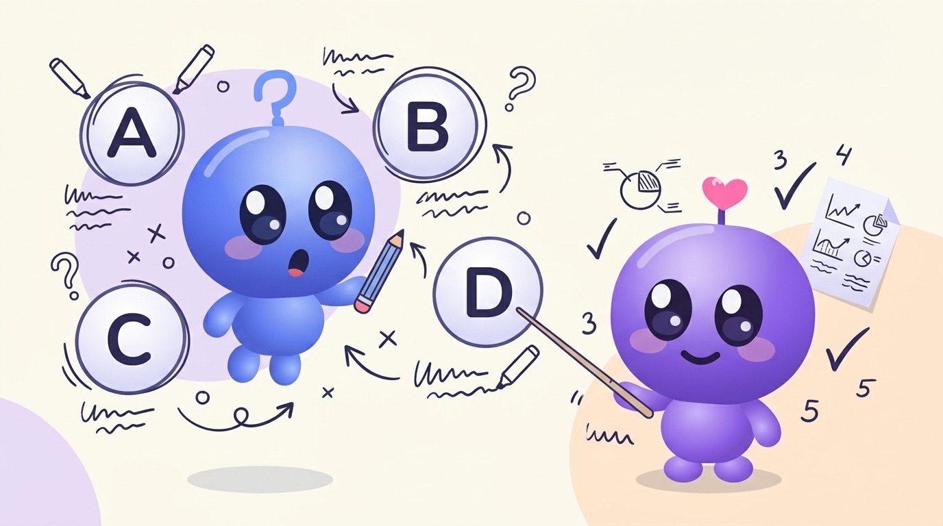 Luke floats among four big answer bubbles marked A, B, C and D, pencil in hand and mouth open in worry, while Milli smiles calmly and taps option D with a long pointer.