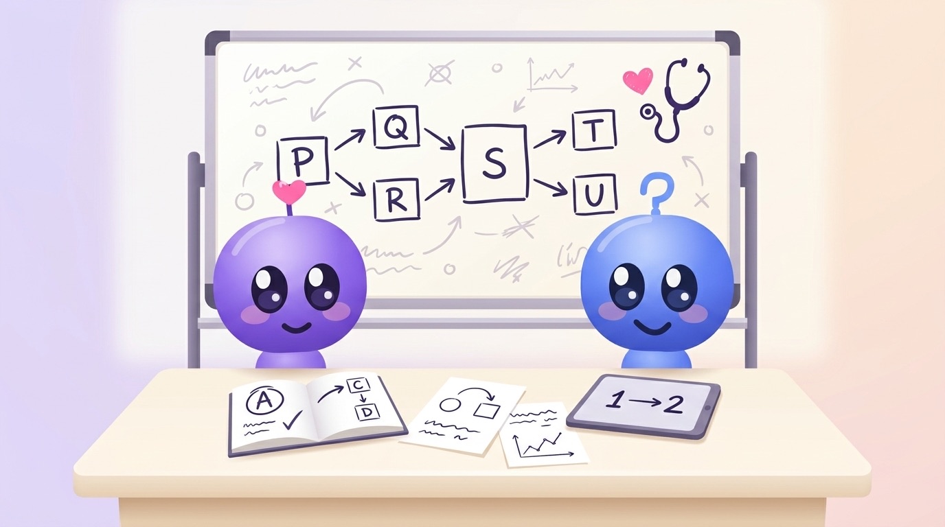 Milli and Luke study at a desk with a hand-drawn chain of boxes and arrows on a whiteboard behind them, a little heart and stethoscope doodled in the corner.