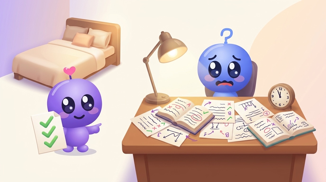 Luke sits at a lamp-lit desk covered in open books and scribbled pages, looking panicked beside a clock nearing midnight, while Milli smiles, holds up a page with three green ticks and points at a cosy bed.
