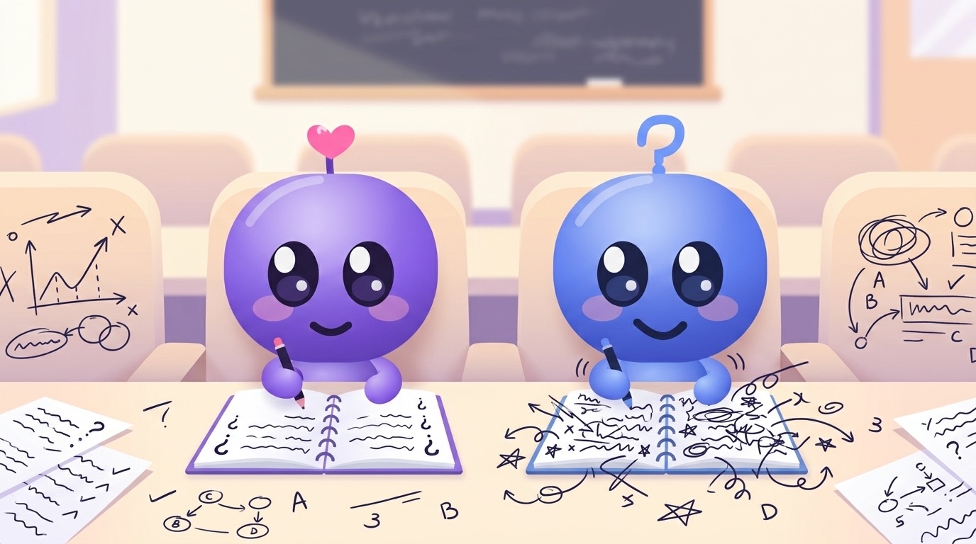 Milli and Luke sit side by side in a lecture hall. Milli writes neat lines with question marks in the margin, while Luke's notebook is buried under frantic scribbles, arrows and stars.