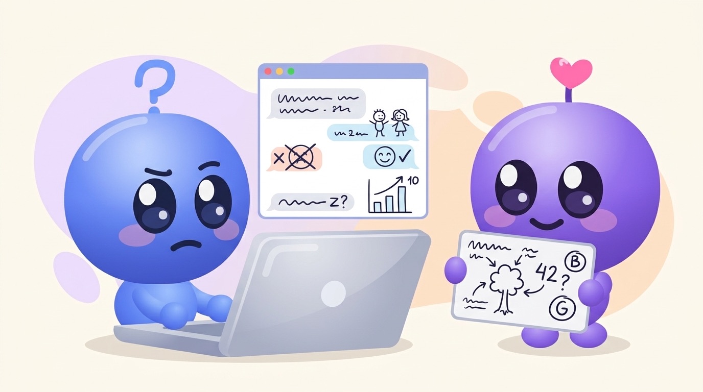 Luke sits at a laptop with a chat window full of scribbled speech bubbles, while Milli holds up a flashcard quizzing him.