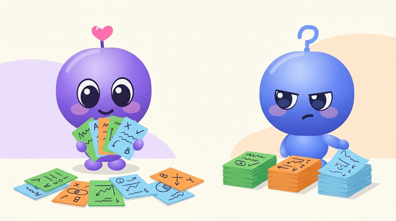 Milli happily holds a fanned hand of mixed green, orange and blue flashcards with more scattered at her feet, while Luke frowns beside three neat single-colour stacks.