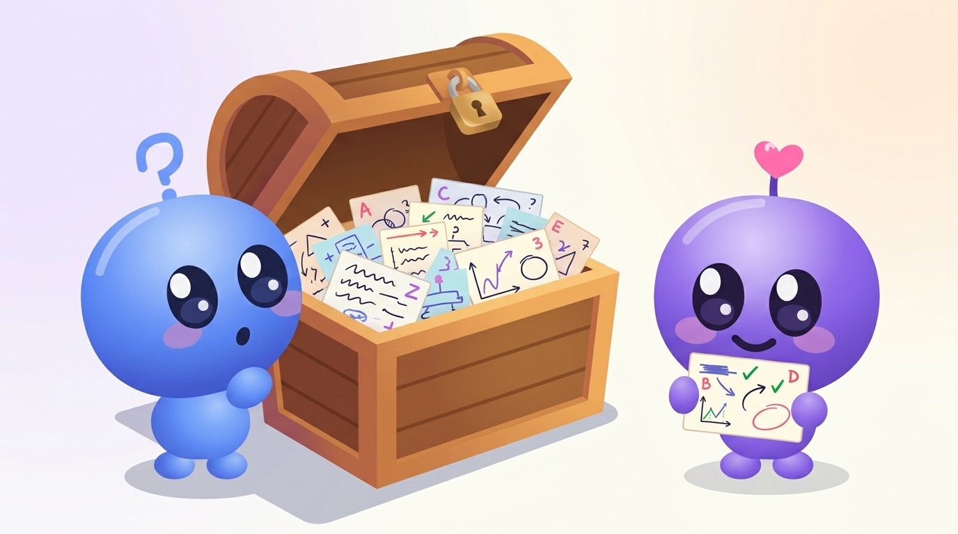 Luke, the blue character with a question-mark antenna, peers into an open wooden treasure chest full of flashcards with a small gold padlock on the lid, while Milli, the purple character with a heart antenna, smiles and holds up a single flashcard.