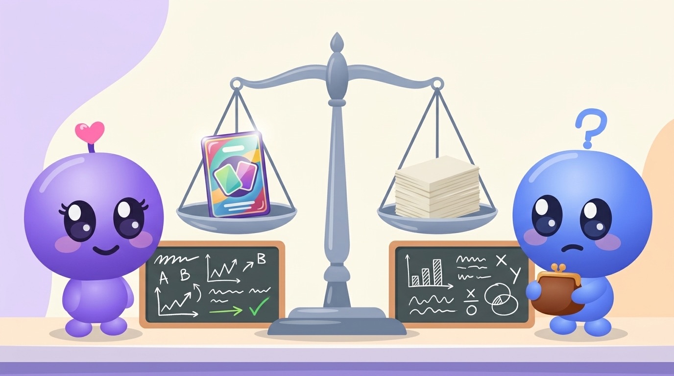 Milli and Luke stand either side of a big balance scale weighing a shiny premium flashcard pack against a plain stack of cards, with Luke holding a small coin purse and looking unsure.