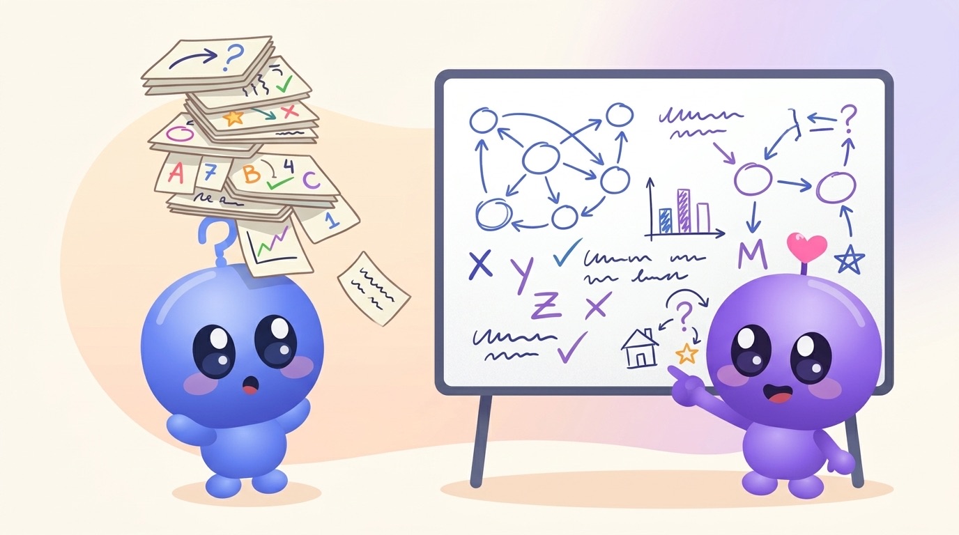 Luke balances a teetering tower of flashcards while Milli points at a whiteboard covered in arrows and diagrams.