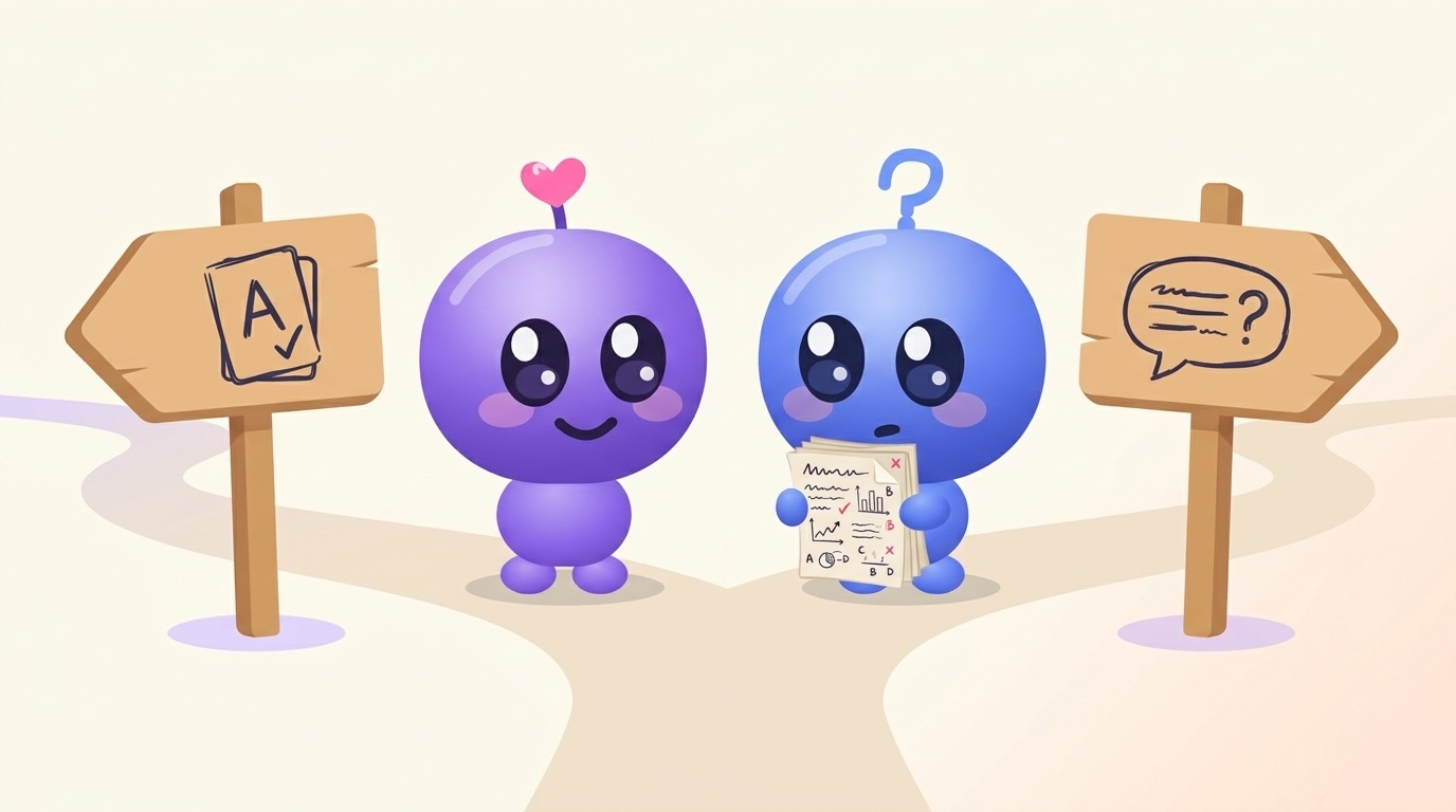 Milli and Luke stand where a path splits in two, between a signpost with a flashcard on it and a signpost with a chat bubble, while Luke holds a stack of marked quiz notes and looks unsure.