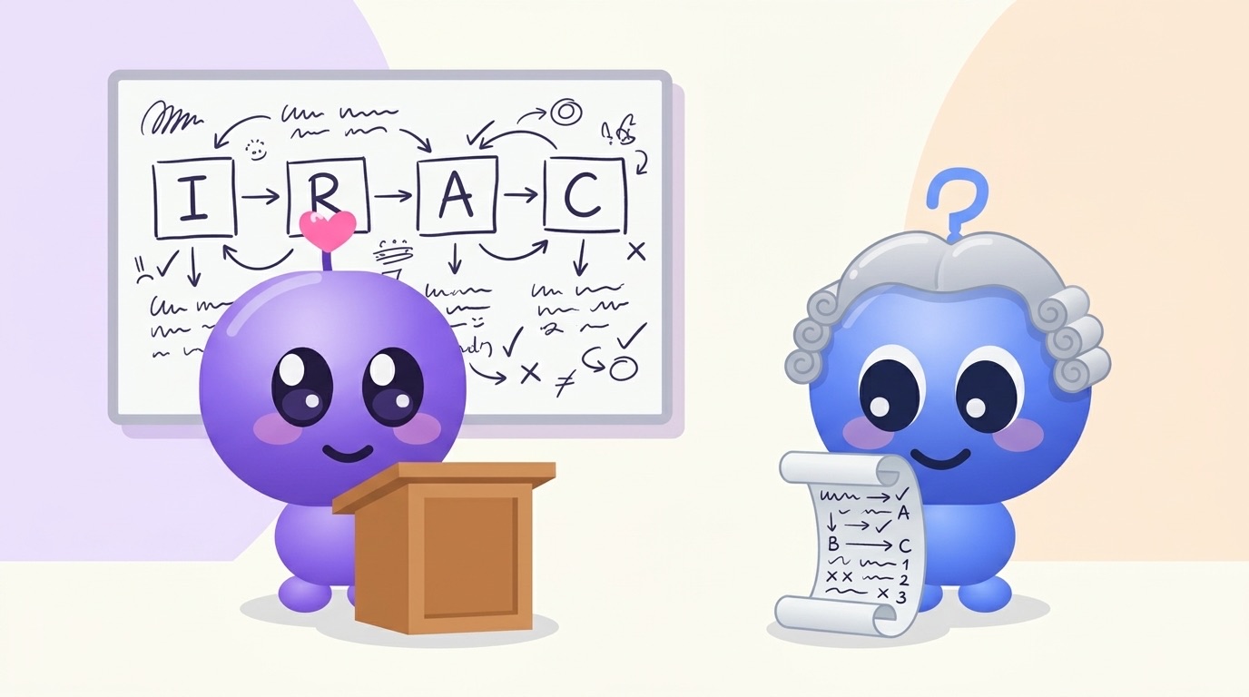 Milli stands at a small wooden lectern in front of a whiteboard with four boxes labelled I, R, A and C joined by arrows, while Luke, wearing a curly grey judge's wig, reads a long scroll covered in ticks and crosses.