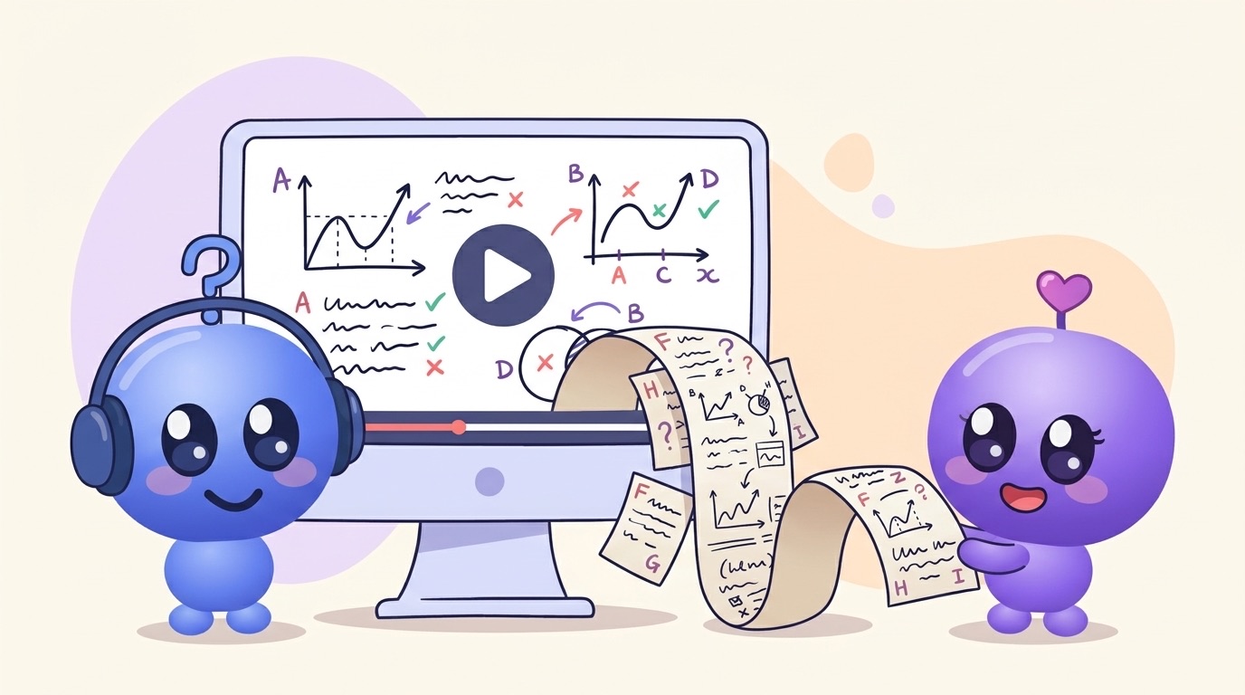 Luke wears headphones in front of a big video player showing a lecture, while Milli pulls a ribbon of scribbled notes and flashcards out of the screen.