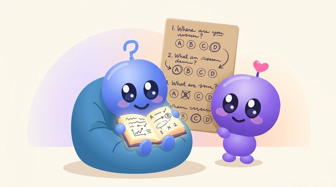 Luke relaxes in a beanbag reading a glowing book that explains everything, while Milli holds up a quiz card behind him.
