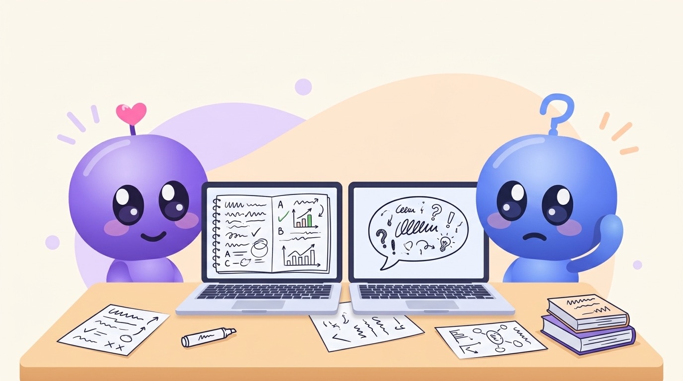 Milli and Luke sit at a desk with two laptops side by side, one showing an open notebook full of notes and charts, the other a big speech bubble of question marks, with Luke scratching his head.