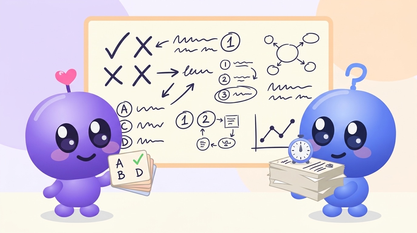 Milli holds a small fan of quiz cards with a green tick, while Luke holds a thick stack of past exam papers with a stopwatch on top. Behind them, a whiteboard is covered in ticks, crosses, numbered steps and a rising line graph.