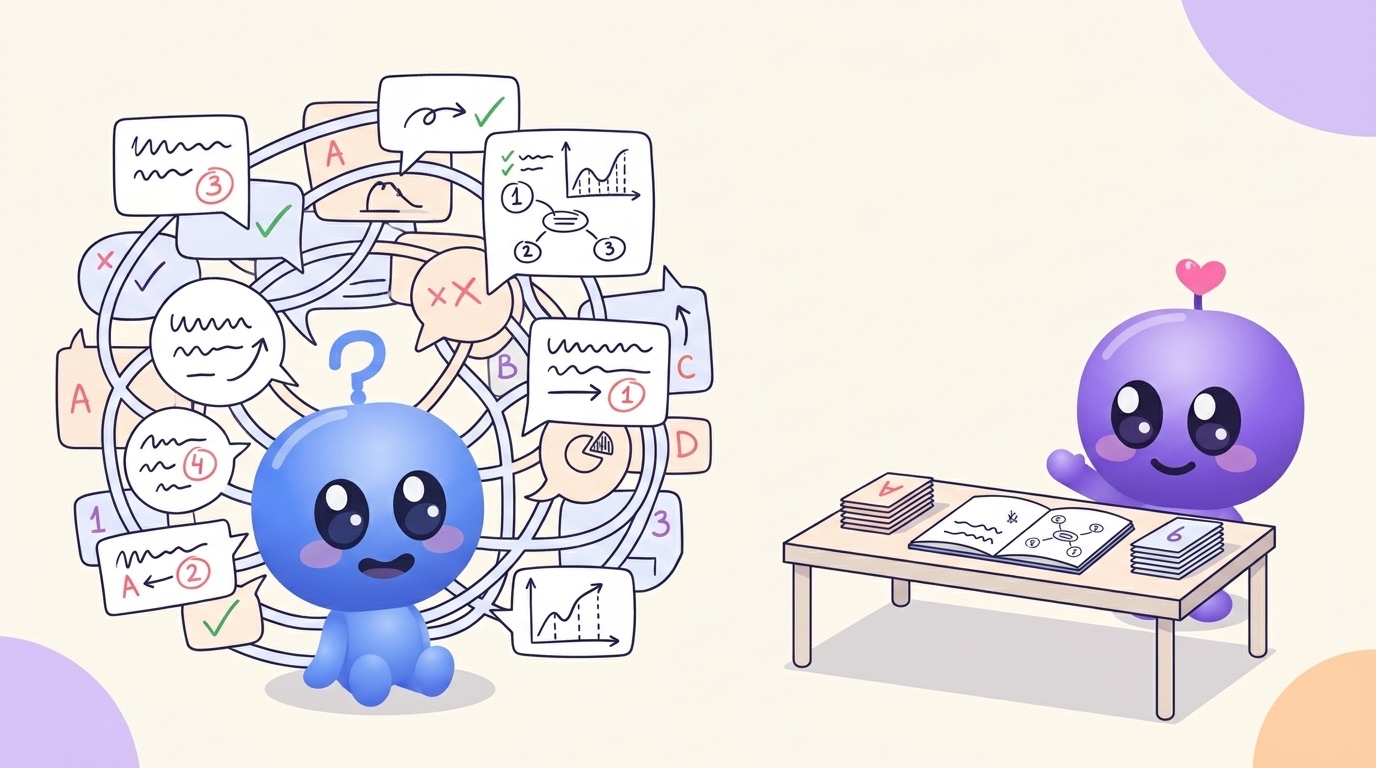 Luke, the blue character with a question-mark antenna, sits inside a huge tangle of linked note bubbles and checkmarks, while Milli, the purple character with a heart antenna, waves him over to a small desk holding one open notebook and two neat stacks of cards.