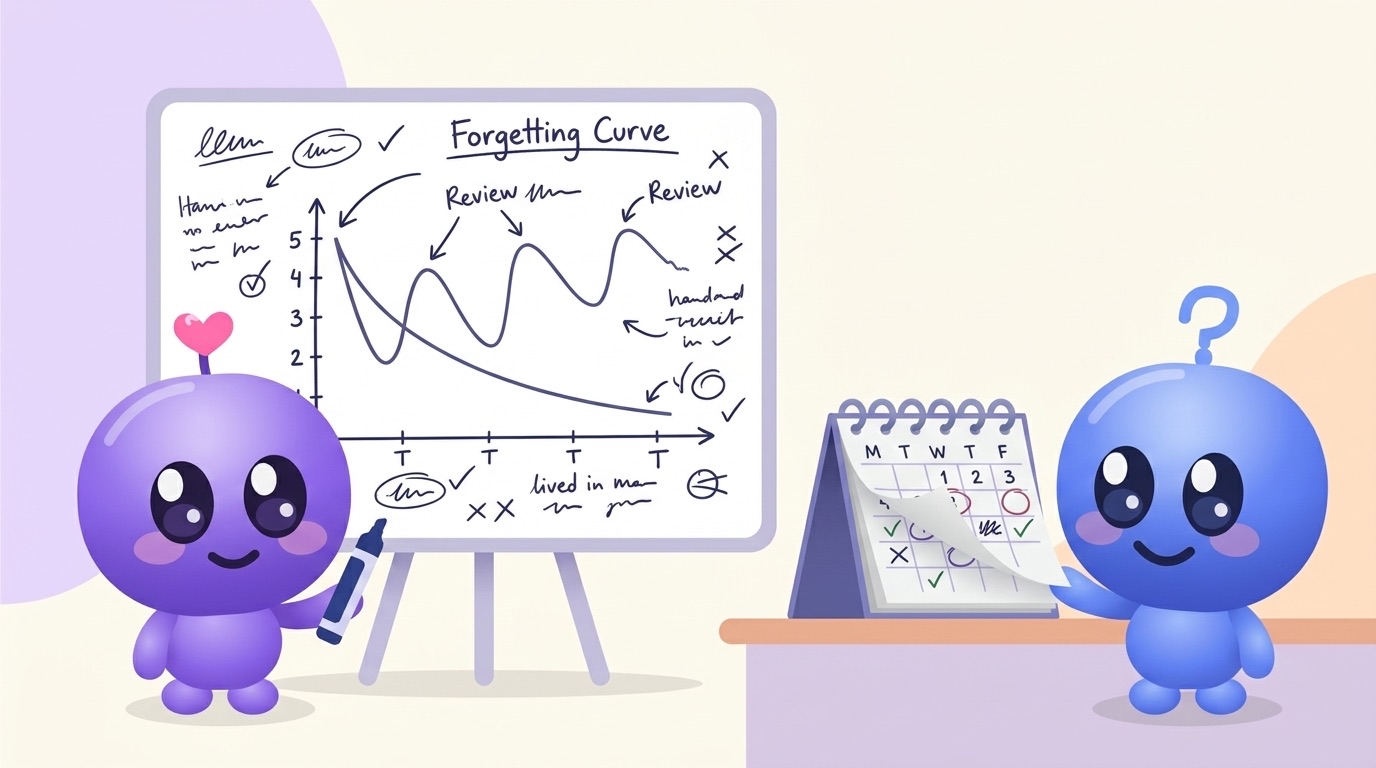 Milli stands at a whiteboard with a hand-drawn forgetting curve that keeps getting bumped back up, while Luke flips through a calendar.
