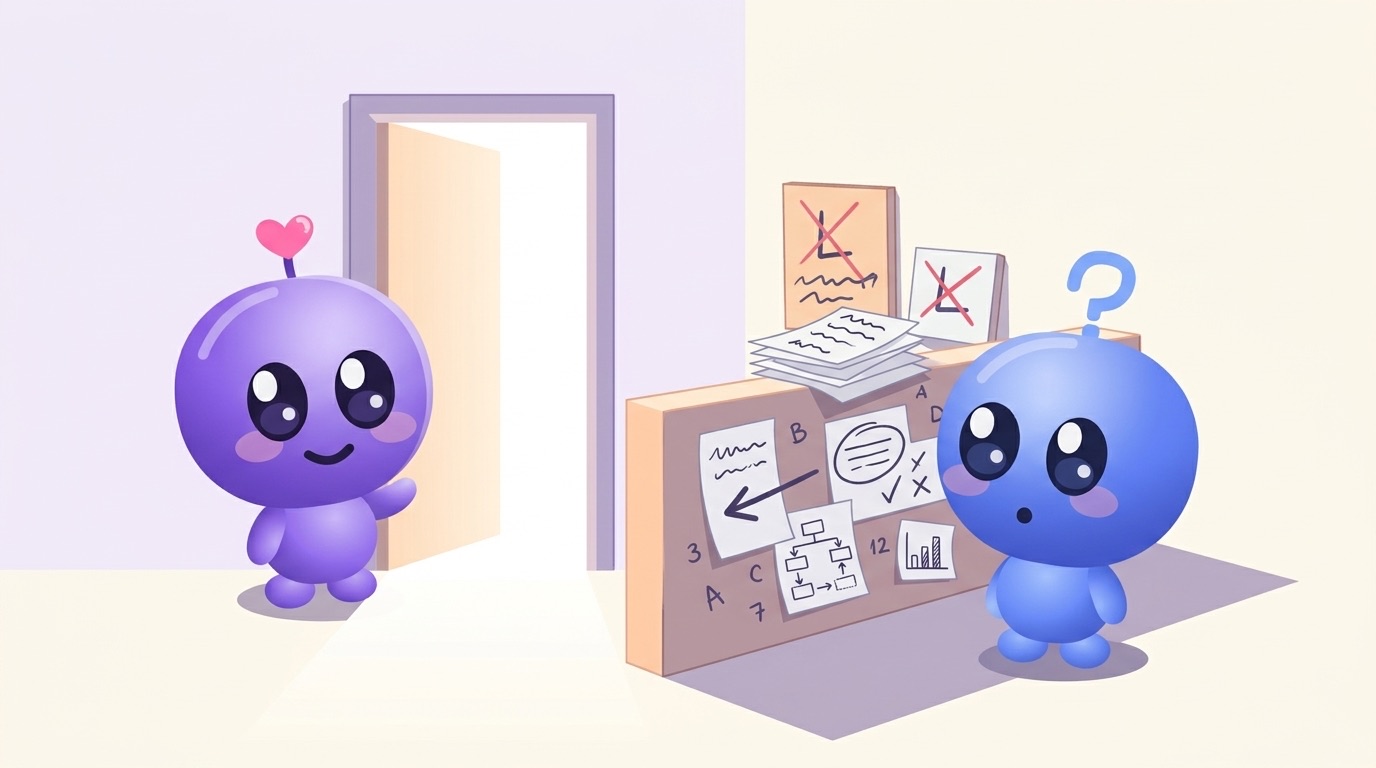 Luke stands at a small wall blocking his path with a stack of notes, while Milli waves him through an open door beside it.