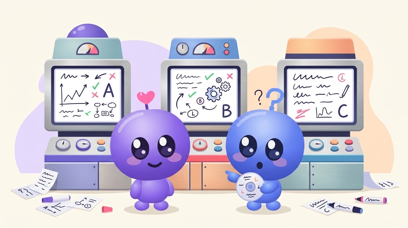 Milli and Luke stand in front of three retro study machines with screens marked A, B and C, Luke holding a disc and pointing as he decides which to try.