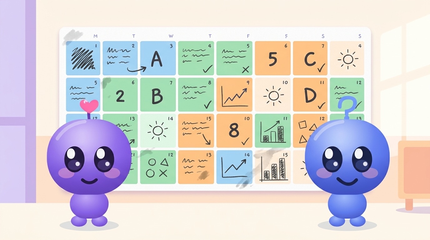 Milli and Luke stand in front of a big colour-coded fourteen-day planner board covered in study blocks, ticks and small charts, with little suns marking the rest days.