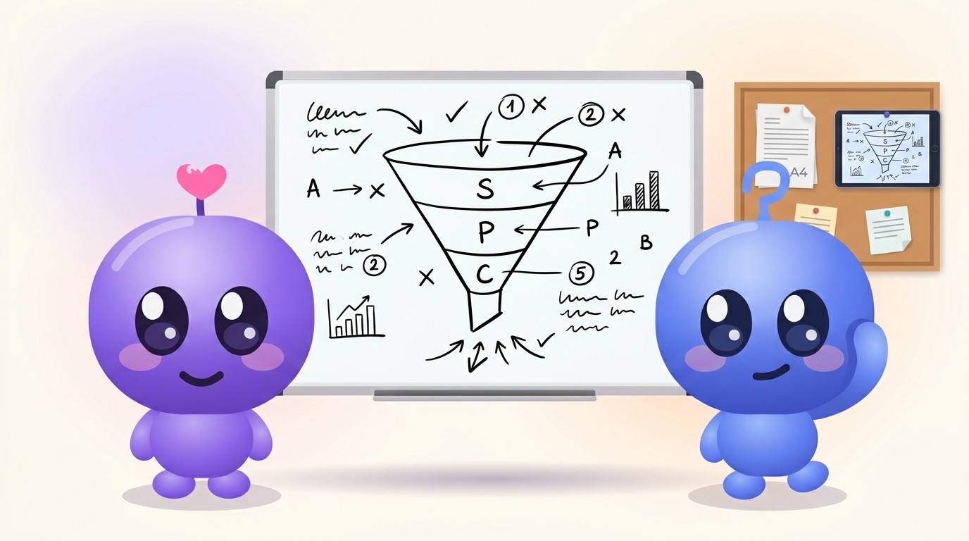 Milli and Luke stand at a whiteboard with a hand-drawn funnel that narrows sharply at the bottom, Luke scratching his head.